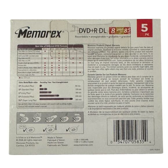Memorex DVD+R DL 5 Pack 2x 8.5 GB 240 Minute New Sealed - Picture 2 of 2